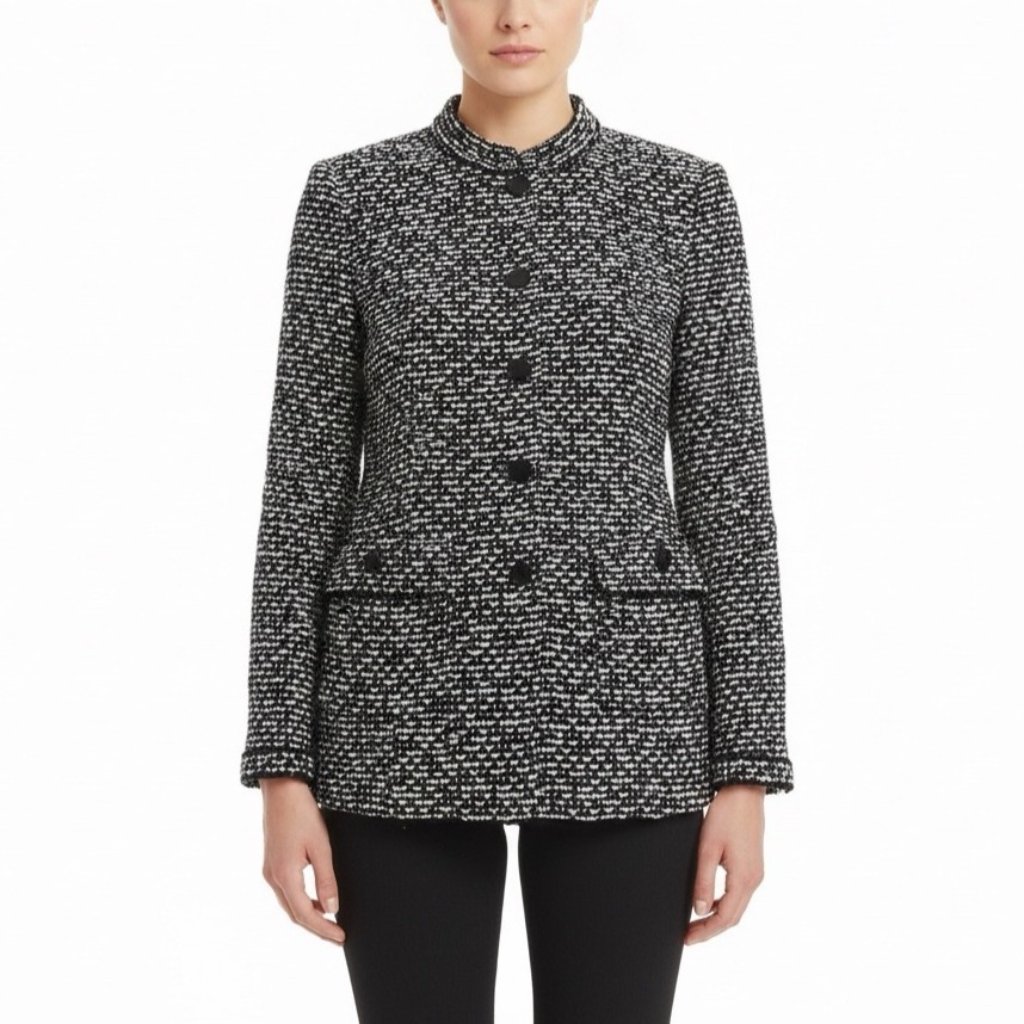 St. John Women’s Black/White Textured Knit Blazer Jacketbutton Front Size 14